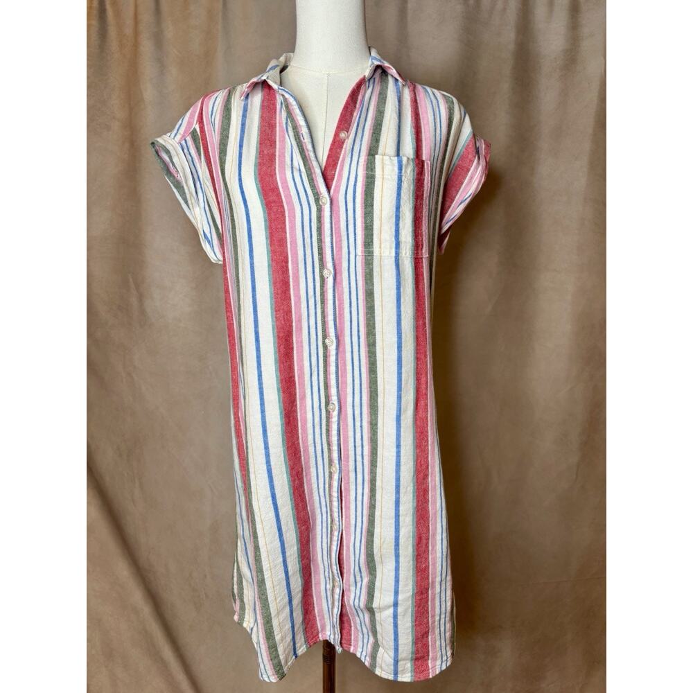 Old Navy Linen Blend Striped Shirt Dress S Button Front Short Sleeve